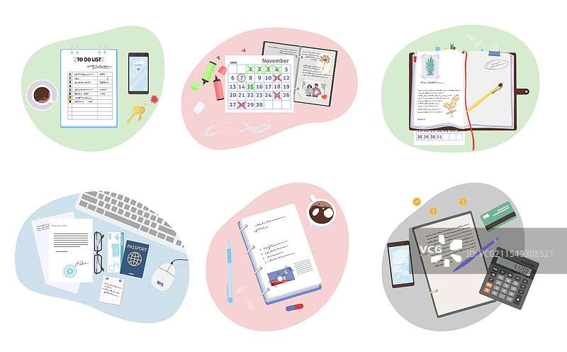 不同商业办公室纸质文件的俯视图图片素材