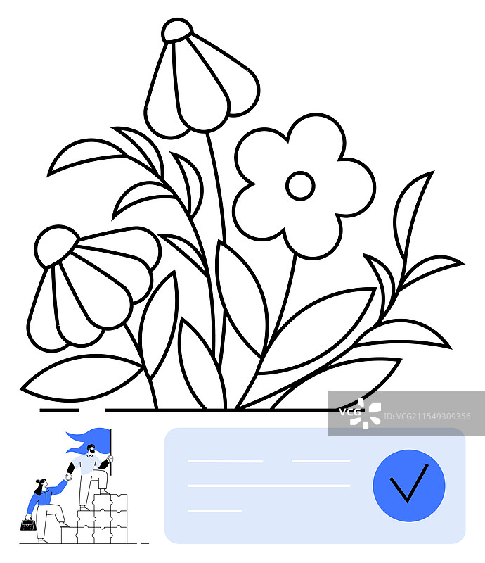 大型花朵与旁边的小工人形成对比图片素材