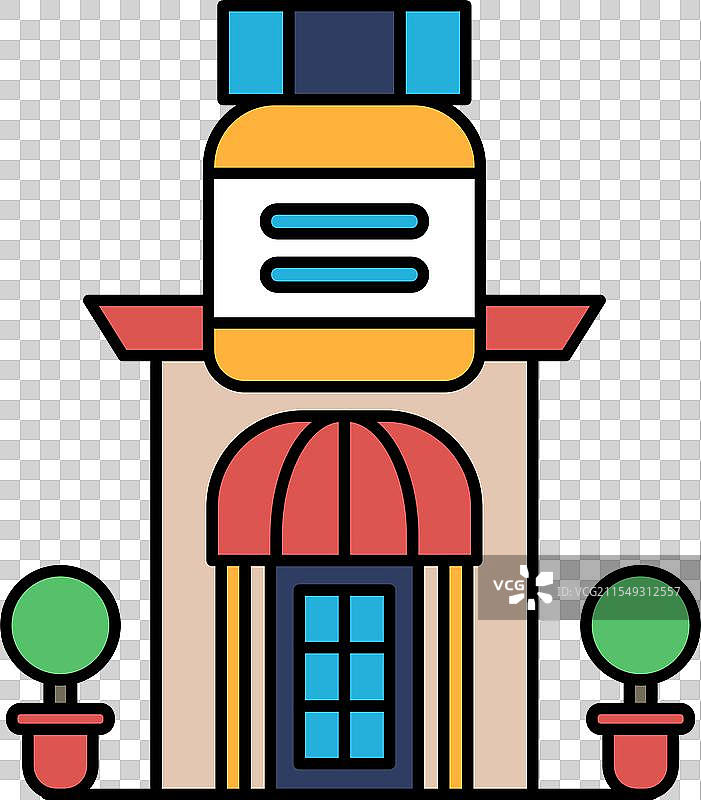 一栋建筑和一瓶药水排成一行图片素材