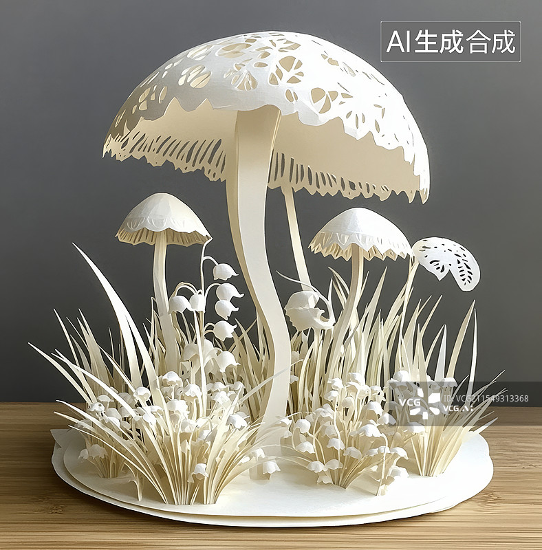 【AI数字艺术】蘑菇和百合花园纸雕图片素材