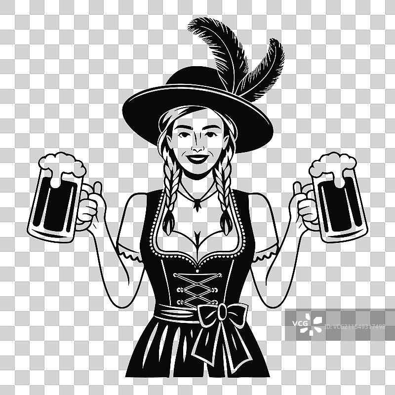 穿着传统德国服装的女人手持啤酒杯图片素材