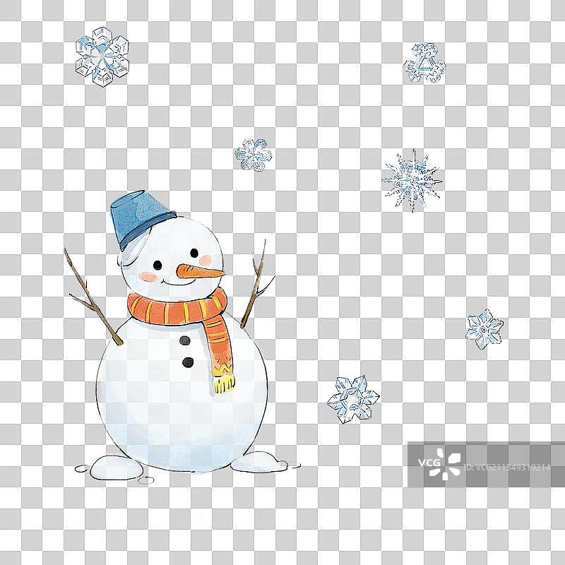 雪地中堆雪人和各种样式的雪花水彩画图片素材