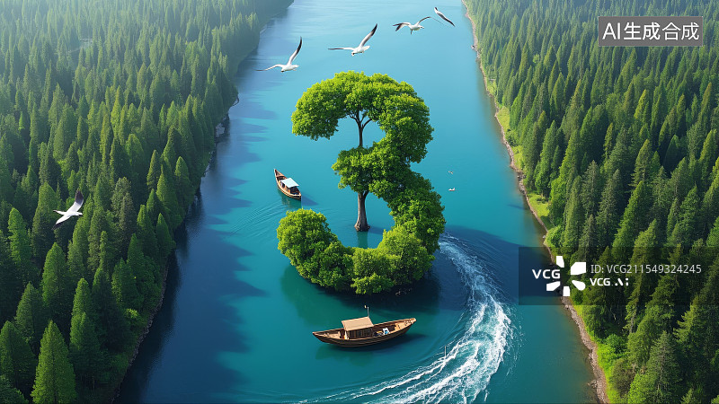 【AI数字艺术】森林湖泊组成的数字3，绿色生态环保题材，森林，湖泊图片素材