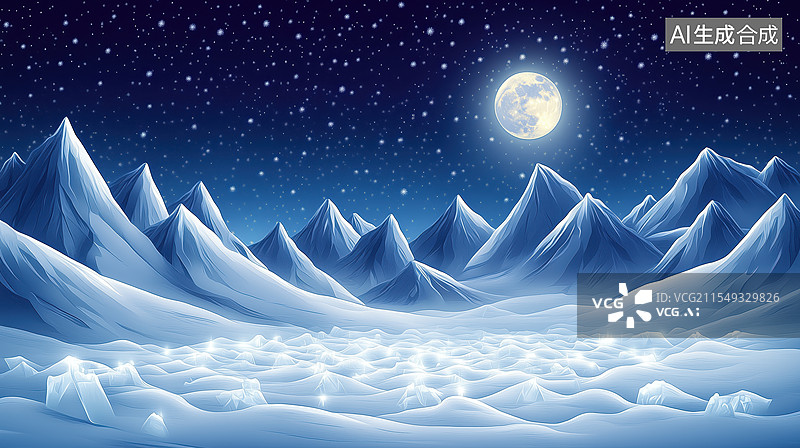 【AI数字艺术】冬夜雪山美景图图片素材