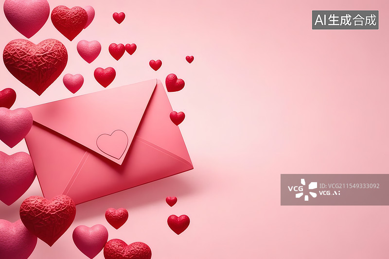 【AI数字艺术】粉色信封与爱心3D渲染图片素材