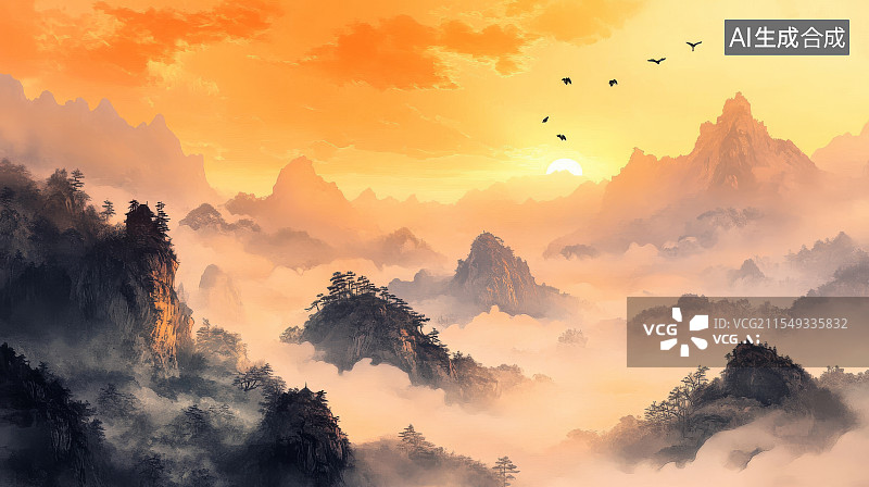 【AI数字艺术】中国风山水画日出风景图片素材