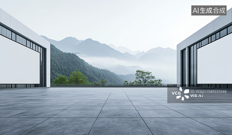 【AI数字艺术】现代广场建筑和意境山脉图片素材