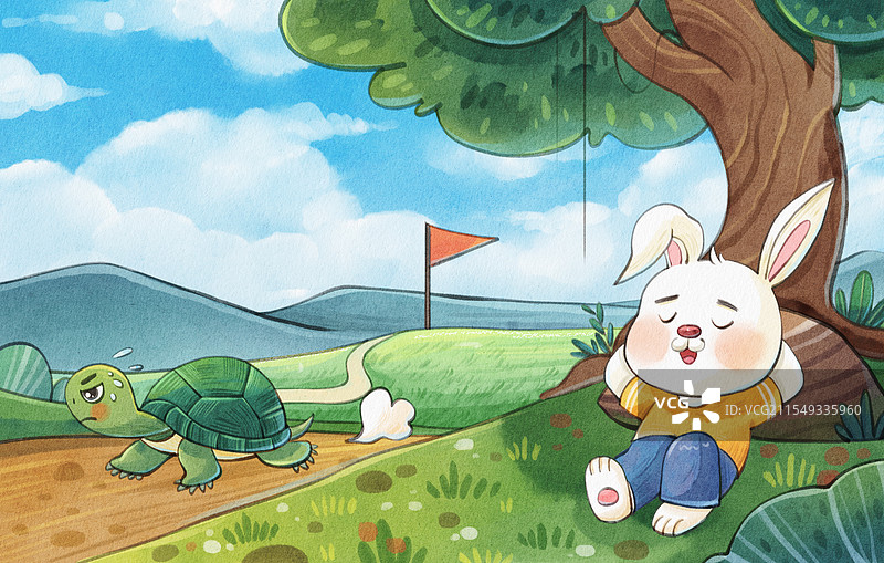 手绘水彩寓言故事之龟兔赛跑儿童插画图片素材
