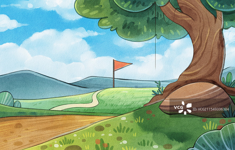 手绘水彩一颗大树道路跑道风景背景插画图片素材