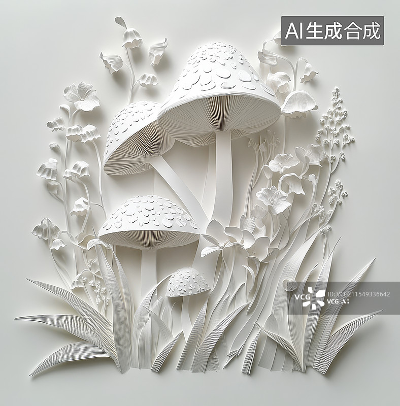 【AI数字艺术】蘑菇和百合花的纸雕图片素材