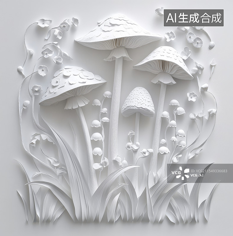 【AI数字艺术】蘑菇和百合花的纸雕图片素材