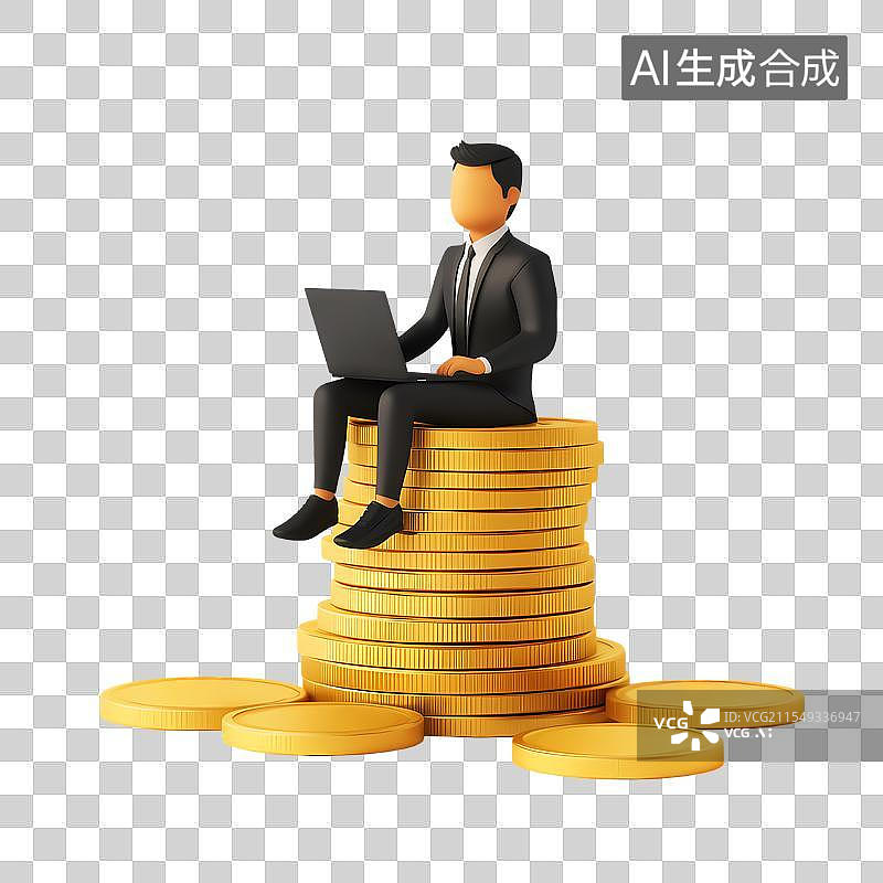 【AI数字艺术】3D渲染商人坐金币堆用笔记本电脑图片素材