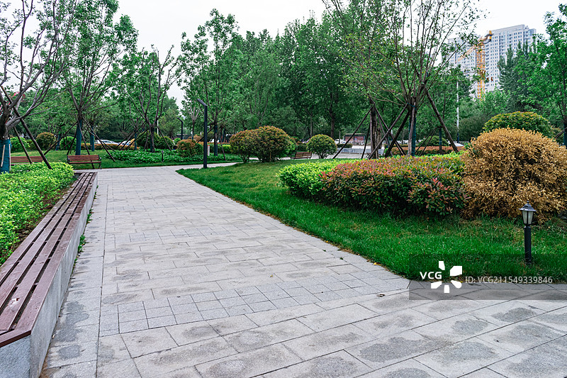 中国城市露台花园拍摄主题，重复的砖地地面，绿色的草坪户外白昼无人图像摄影图片素材
