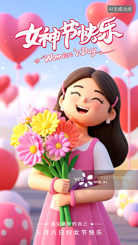 【AI数字艺术】女神节妇女节美丽女孩捧着鲜花3D黏土风海报图片素材