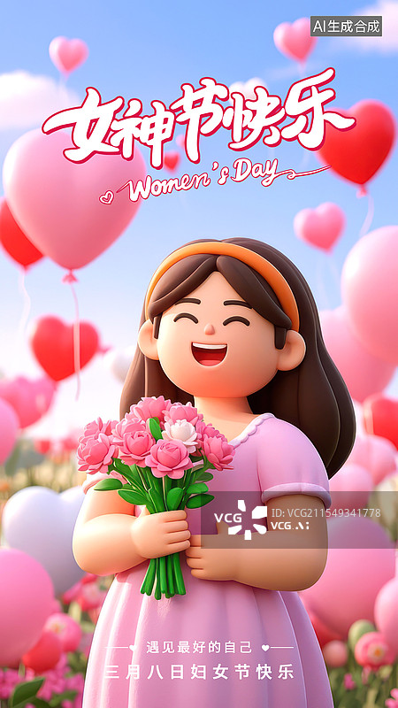 【AI数字艺术】女神节妇女节美丽女孩捧着鲜花3D黏土风海报图片素材