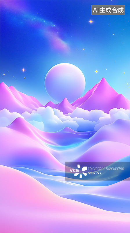 【AI数字艺术】3D卡通梦幻星空下的粉色山峦图片素材