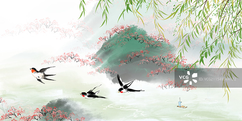 桃花，山，水图片素材