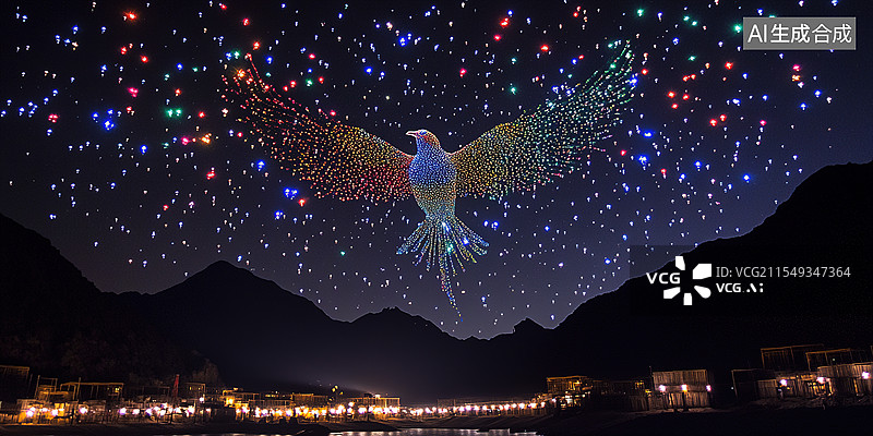 【AI数字艺术】梦幻无人机灯光秀低空经济夜空中的数字文化演出动态群体编队模仿中国水墨笔触形成凤凰图腾彩色粒子烟火光轨图片素材
