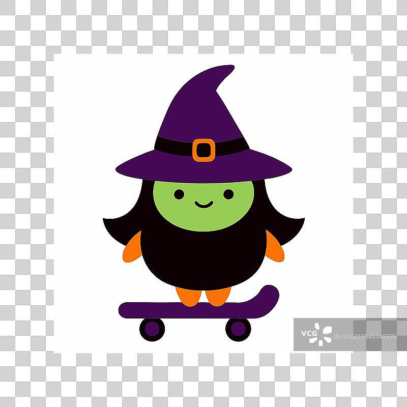 可爱的滑板女巫卡通形象在白色背景上图片素材