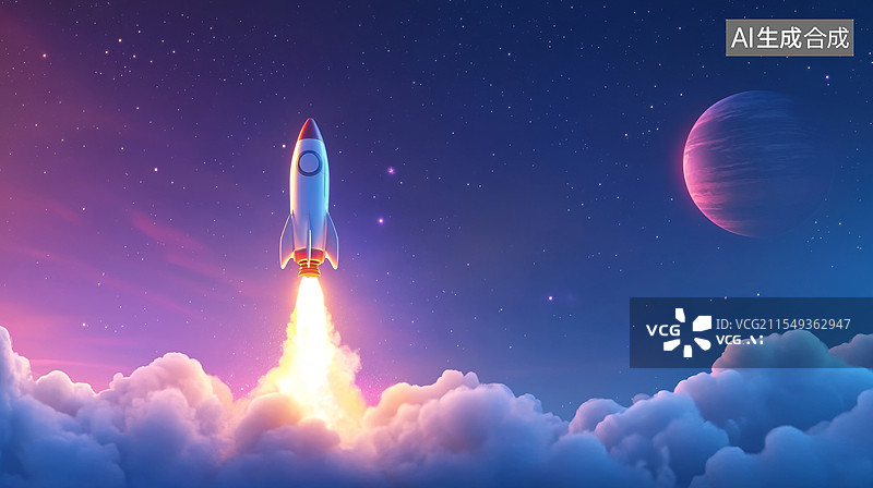 【AI数字艺术】冲破云层飞向太空的火箭图片素材