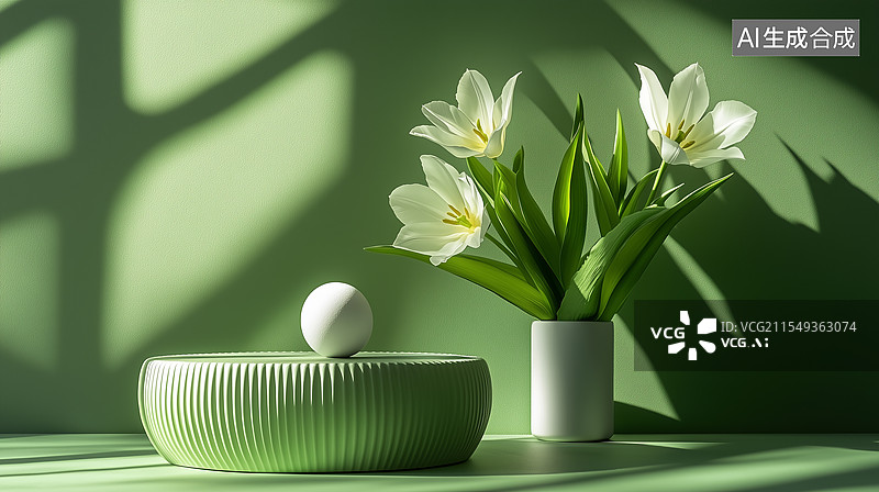 【AI数字艺术】绿色讲台与郁金香展示摄影图片素材