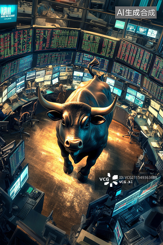 【AI数字艺术】股票证券交易中心里愤怒的公牛图片素材