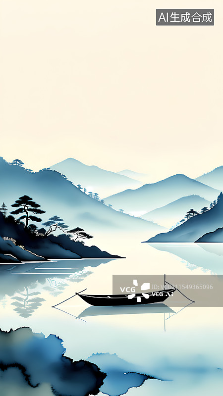 【AI数字艺术】山水渔船水墨插画图片素材