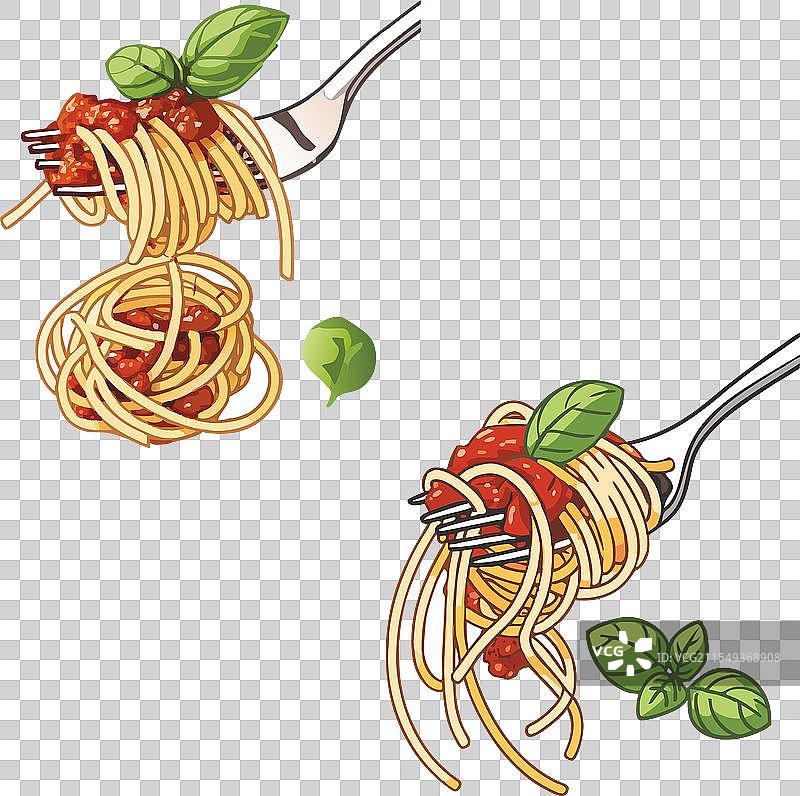 叉子夹起意大利面配番茄酱图片素材