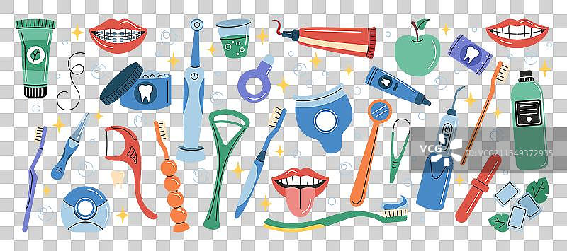 牙科图标集：牙刷和牙线图片素材