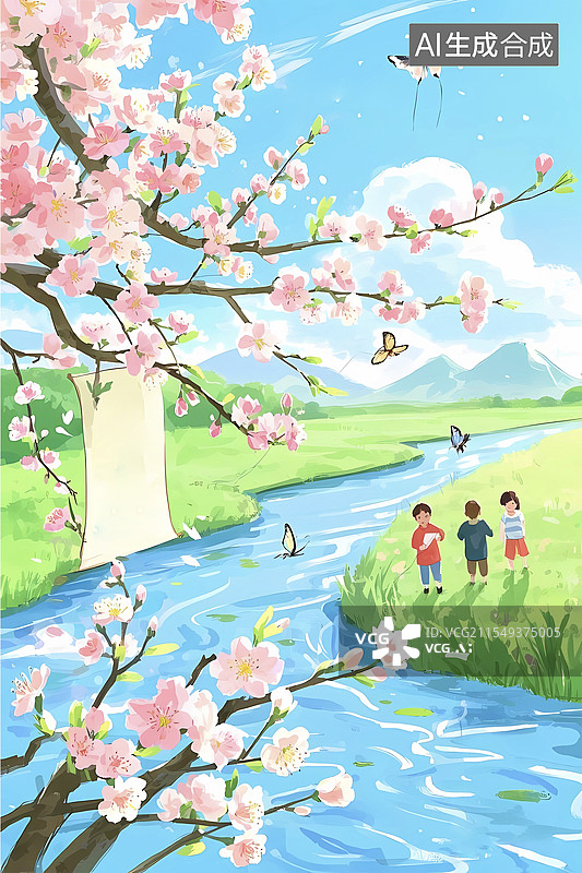 【AI数字艺术】春天植树节儿童踏青插画图片素材