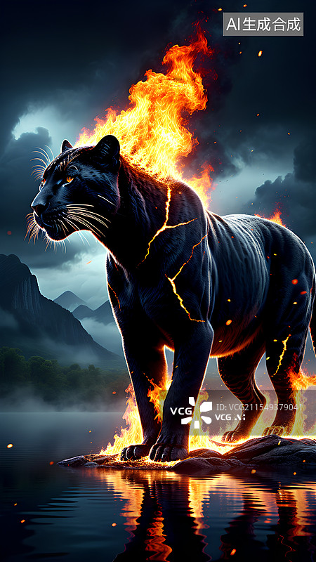 【AI数字艺术】创意插画 动物创意插画 黑豹背上起火了图片素材