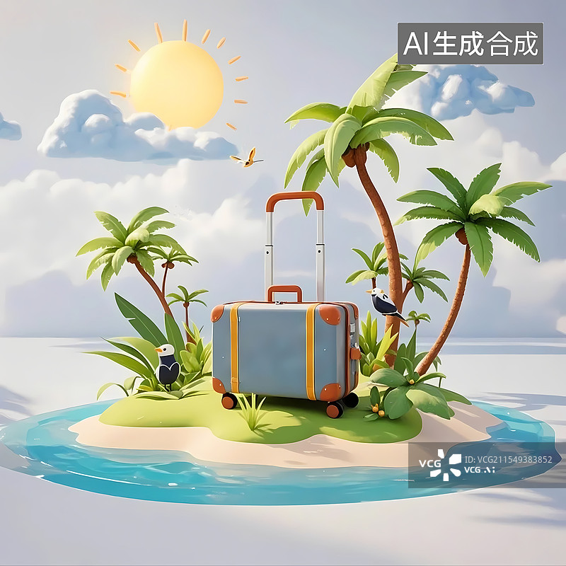 【AI数字艺术】行李箱里有海岛棕榈树等热带植物图片素材