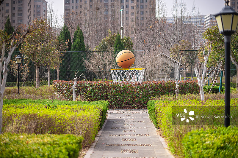 中国体育器械拍摄主题，篮球场的一台篮球架和一个篮球，户外白昼无人图像摄影图片素材