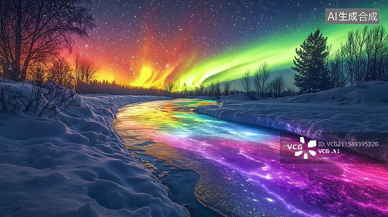 【AI数字艺术】极光下的雪山彩虹河图片素材