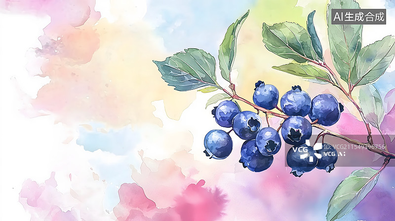 【AI数字艺术】水彩蓝莓的清新画意图片素材