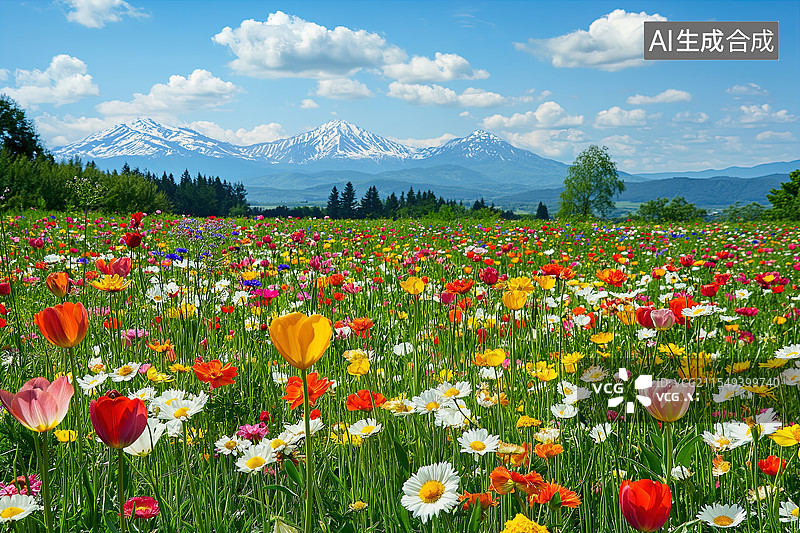 【AI数字艺术】鲜花盛开的山间花田图片素材