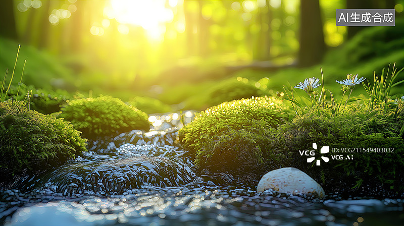 【AI数字艺术】森林溪流与苔藓图片素材
