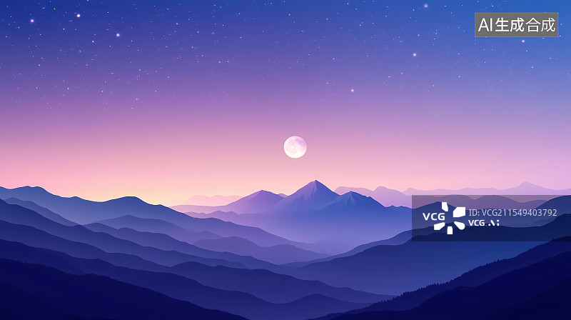 【AI数字艺术】夜晚月亮星空下的山脉风光壁纸图片素材