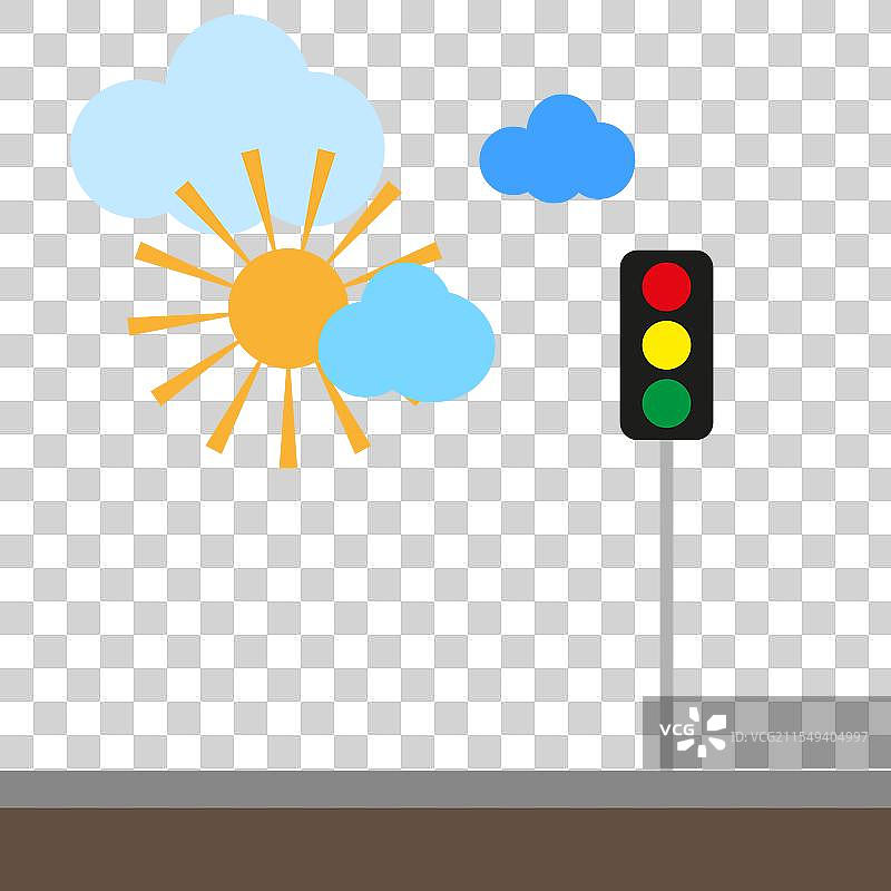 交通信号灯、阳光和云彩的街景，明亮。图片素材