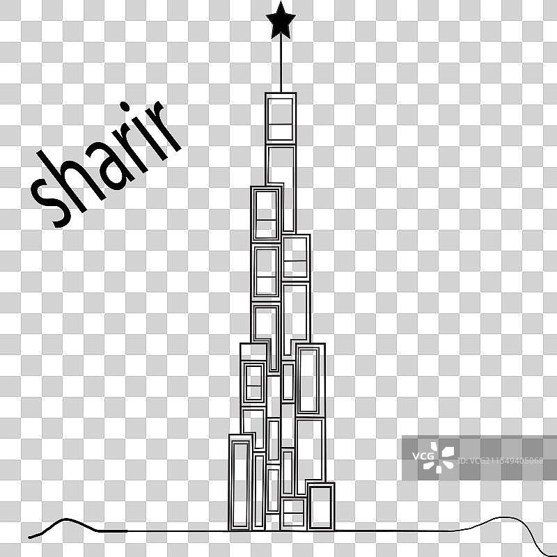 白色线条绘制的哈利法塔黑白图像图片素材