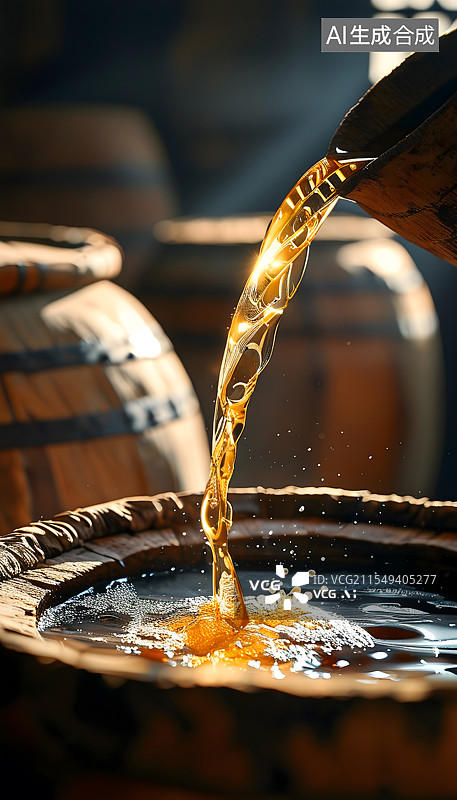 【AI数字艺术】老酒坊酒坛里舀一勺黄酒 下微距特写酒花图片素材