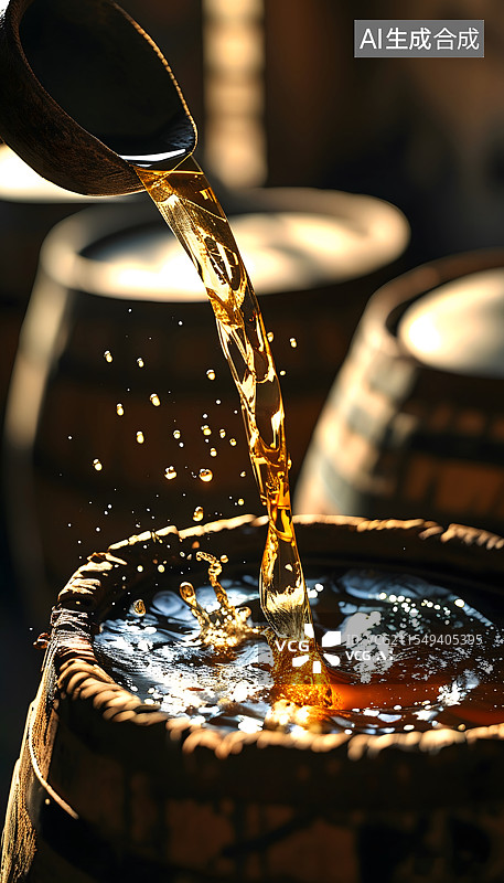 【AI数字艺术】老酒坊酒坛里舀一勺黄酒 下微距特写酒花图片素材