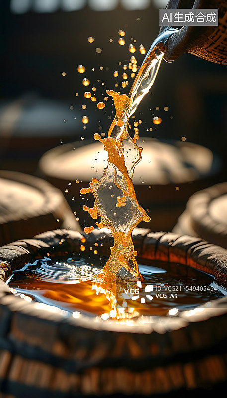 【AI数字艺术】老酒坊酒坛里舀一勺黄酒 下微距特写酒花图片素材