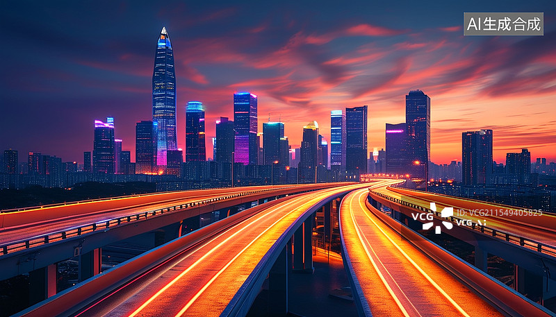 【AI数字艺术】城市高架桥上的公路夜景模糊广告背景图片素材