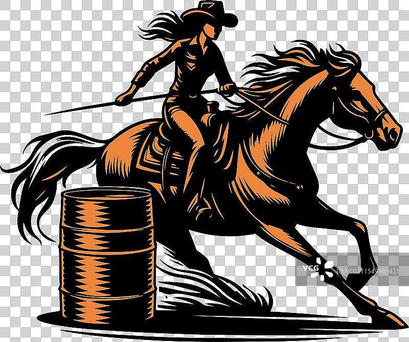 一位女牛仔在进行马桶赛骑马。图片素材