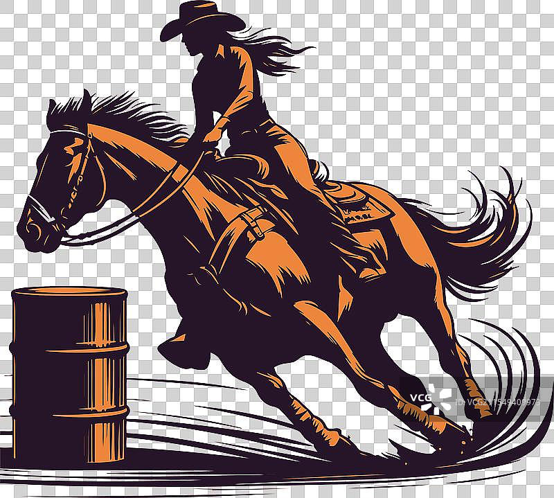 一位女牛仔在进行桶赛骑马。图片素材