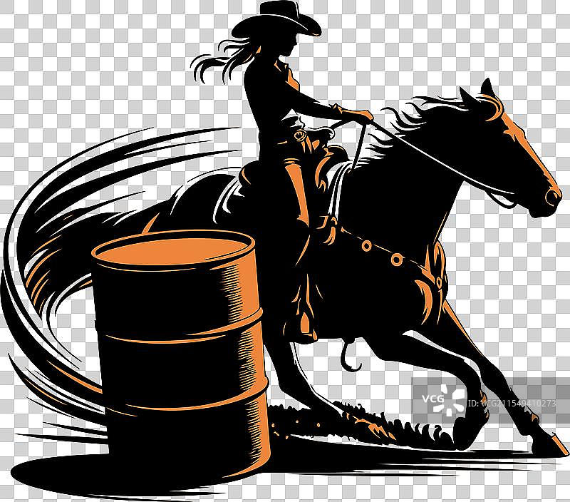 一位女牛仔在进行马桶赛骑马。图片素材