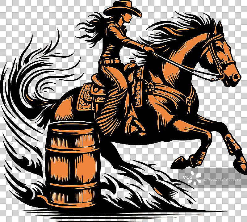 一位女牛仔在进行桶赛骑马图片素材