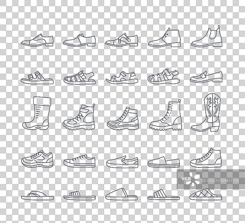 男士鞋子和靴子的简单细线图标图片素材