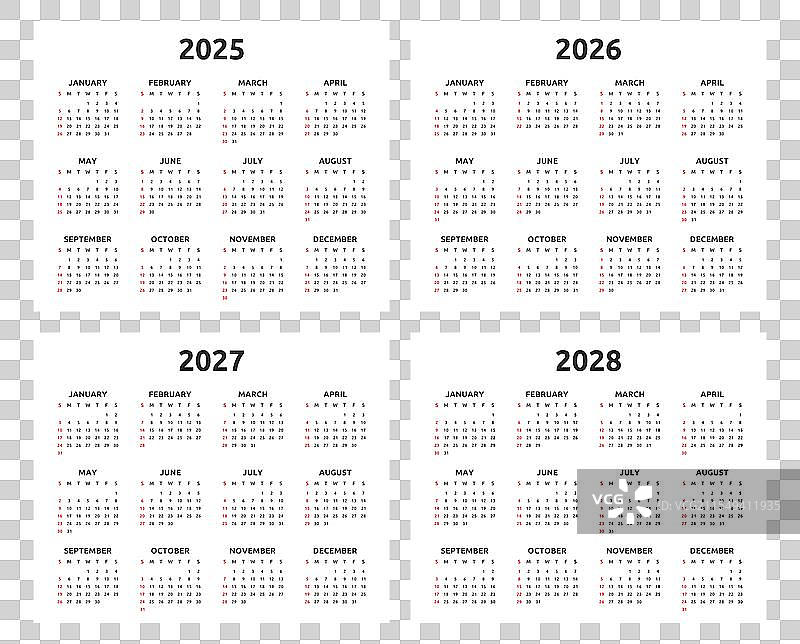 2025年、2026年、2027年、2028年日历图片素材